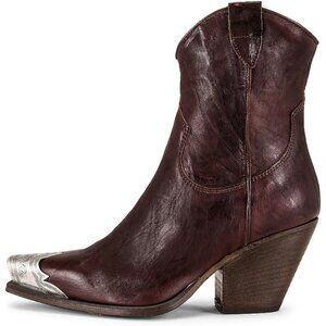 Women's Brown Faux Leather Steel Toe Side Zipper Block Heel Western Ankle Boots